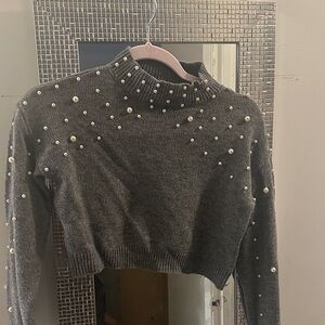 Elegant Gray Pearl-Embellished Sweater for Kids